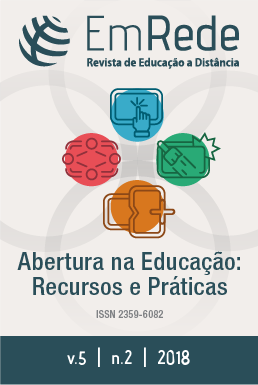 Capa do número 2 do volume 5 da Revista EmRede, apresentando o título da revista e, abaixo, uma imagem representando os recursos educacionais abertos